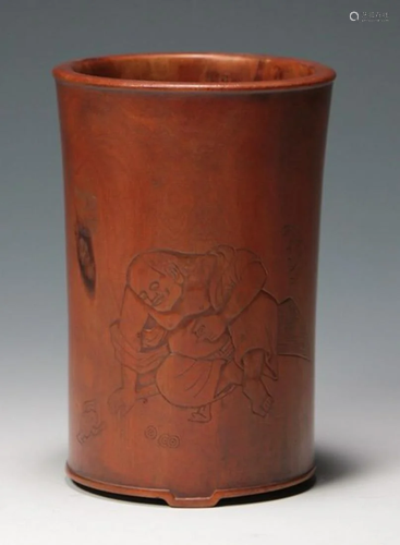 HUANGYANG WOOD FIGURE STORY PATTERN BRUSH POT