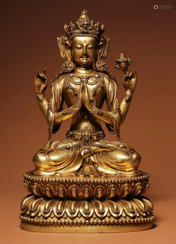 GILT BRONZE GUANYIN BUDDHA SEATED STATUE