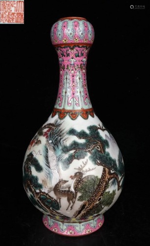 QIANLONG MARK ENAMELED GLAZE PINE DEER PATTERN VASE