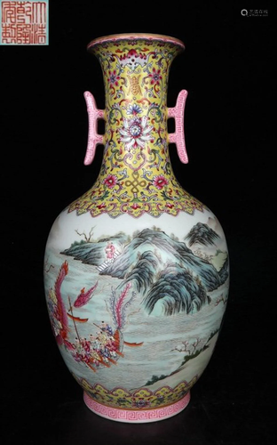 QIANLONG MARK ENAMELED FIGURE STORY PATTERN VASE