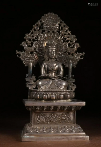 SILVER CAST GUANYIN BUDDHA STATUE