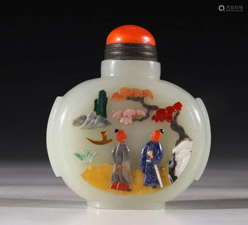 HETIAN JADE WITH GEM DECORATED SNUFF BOTTLE