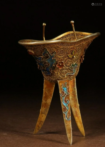 GILT SILVER ENAMELING BLUE CAST CUP