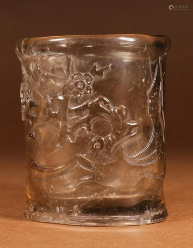 CRYSTAL CARVED FLORAL PATTERN BRUSH POT