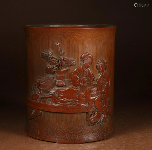 BAMBOO CARVED FIGURE PATTERN BRUSH POT