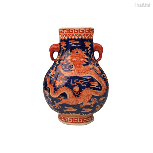 Chinese Iron Red Blue-White 'Dragon' Fanghu-Form Vase