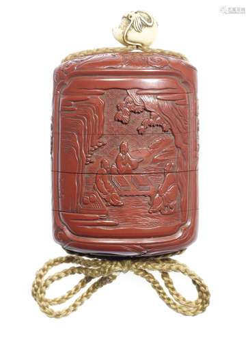 A carved red-lacquer two-case inro By Zonsei, 19th century