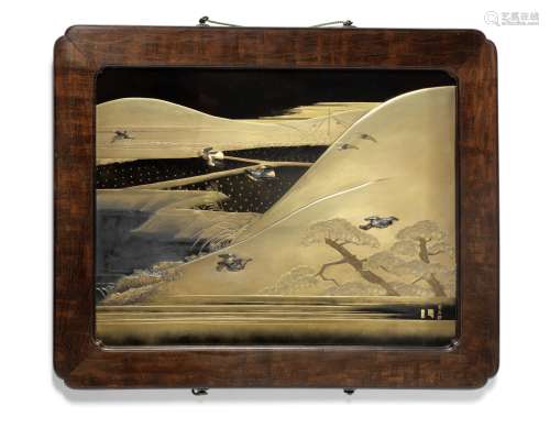 A metal-inlaid lacquer rectangular plaque By Ikeda Taishin (...