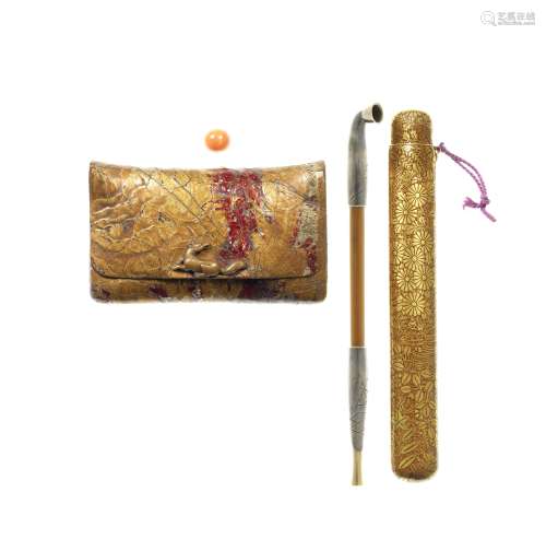 A fine set of a lacquer kiseruzutsu (pipe case), tabako-ire ...