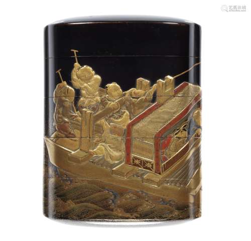 A black-lacquer small four-case inro By a member of the Kaji...