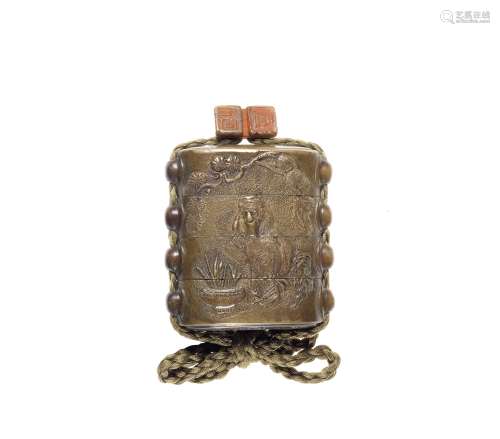 A brass small three-case inro 18th century