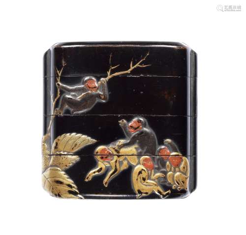An early black-lacquer small three-case inro 17th century