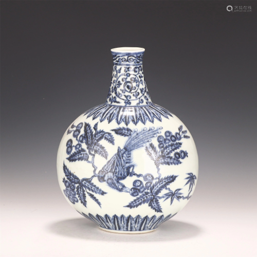 A CHINESE BLUE AND WHITE FLOWER-BIRD PORCELAIN MOON