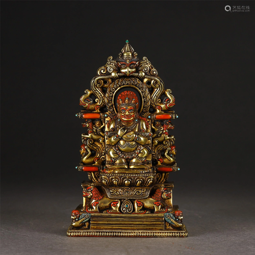 A CHINESE HARD-STONES INLAID GILT BRONZE BUDDHA