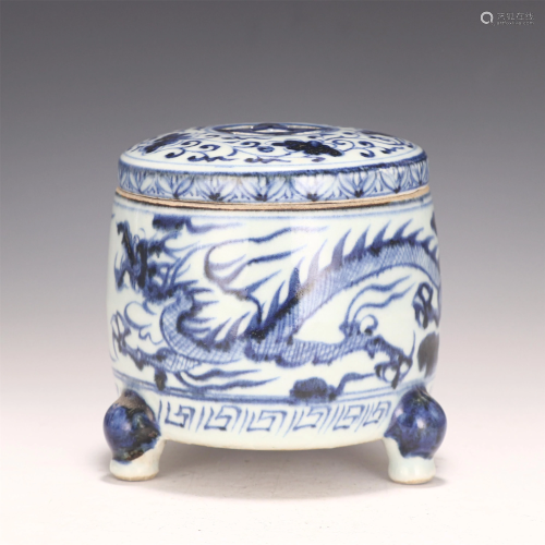 A CHINESE BLUE AND WHITE PORCELAIN TRIPOD INCENSE