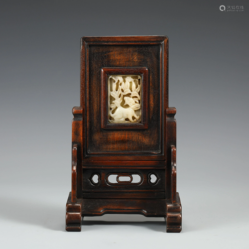 A CHINESE JADE INLAID HARDWOOD TABLE SCREEN