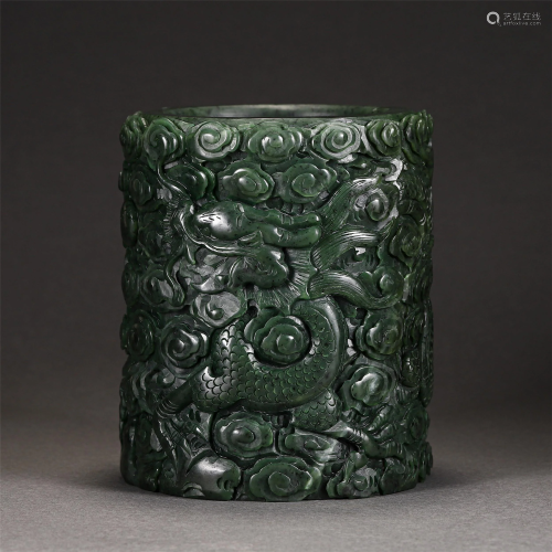 A CHINESE JASPER CARVED DOUBLE DRAGONS BRUSH POT