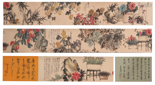 A CHINESE SCROLL PAINTING OF FLOWERS AND FRUITS