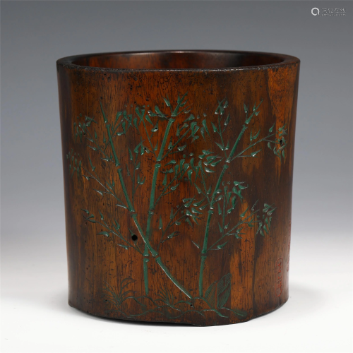 A CHINESE INSCRIBED HUANGHUALI WOOD BRUSH POT