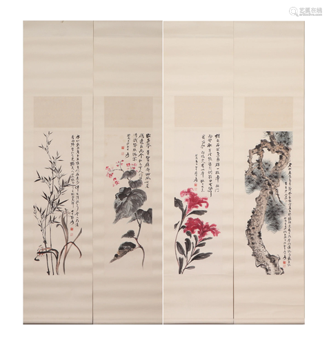 FOUR CHINESE PAINTINGS OF BAMBOO, FLOWERS AND PINE