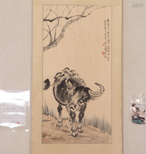 A CHINESE PAINTING OF BUFFALO AND WILLOW TREE