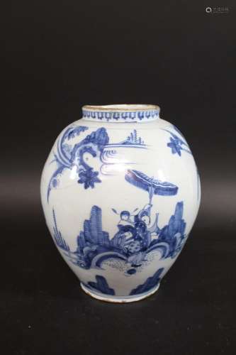 DUTCH DELFT JAR probably 18thc, with rounded sides and shall...