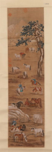 A CHINESE PAINTING OF HERDING HORSES