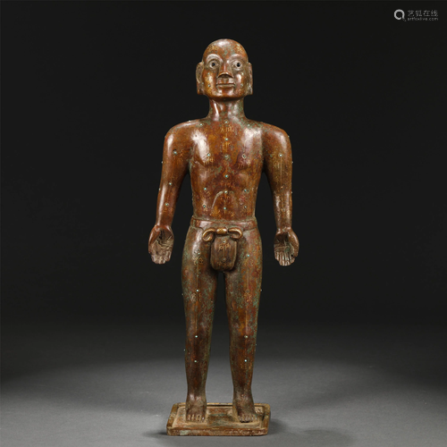 A CHINESE GOLD INLAID BRONZE STANDING FIGURE