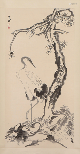 A CHINESE PAINTING OF CRANE AND PINE TREE