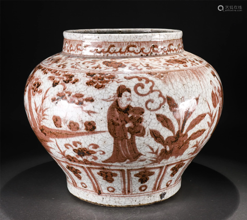 A CHINESE UNDERGLAZE RED FIGURES AND FLOWERS PORCELAIN