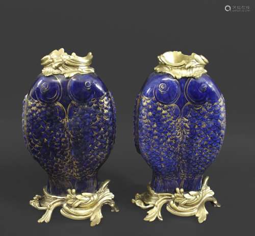 PAIR OF PORCELAIN & ORMOLU MOUNTED 'FISH' VASES probably 19t...