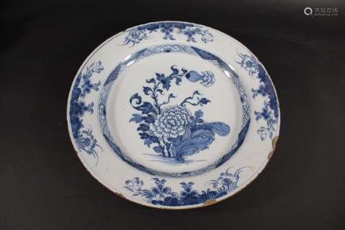 18THC DELFT CHARGER the large blue and white charger painted...