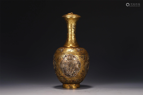 A CHINESE GILDING AND SILVERING BRONZE FLORAL VASE