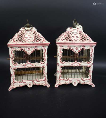 PAIR OF FRENCH POTTERY BIRD CAGES a pair of French faience p...