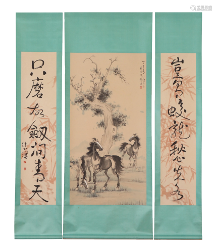 PAIR CHINESE CALLIGRAPHY COUPLETS AND A HORSE PAINTING
