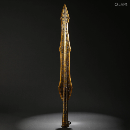A CHINESE GILD AND SILVER DECORATED BRONZE SWORD