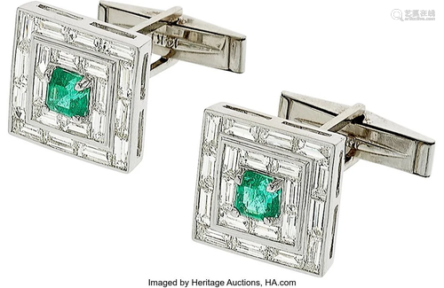 Diamond, Emerald, White Gold Cuff Links Stones