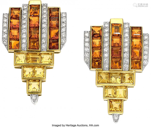 Citrine, Diamond, Platinum, Gold Earrings Stone