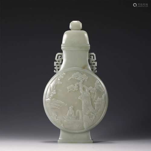 A CHINESE JADE CARVED FIGURES & LANDSCAPE VASE AND