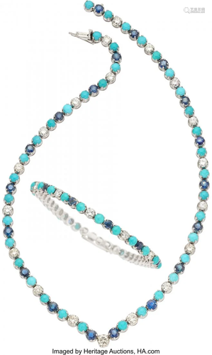 Diamond, Sapphire, Turquoise, White Gold Jewelry