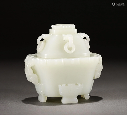 A CHINESE WHITE JADE INCENSE BURNER WITH DOUBLE HA…