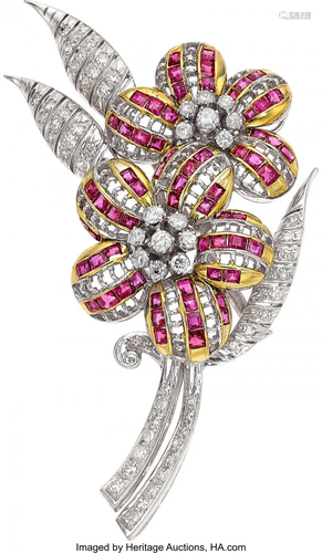 Ruby, Diamond, White Gold Brooch Stones