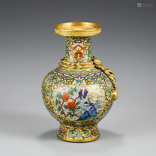 A CHINESE CLOISONNE FLOWERS AND BIRDS VASE