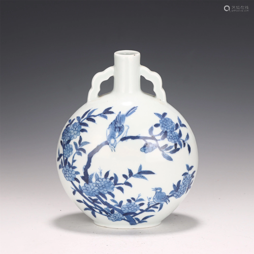 A CHINESE BLUE AND WHITE FLOWER-BIRD PORCELAIN MOON