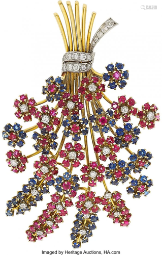 Ruby, Sapphire, Diamond, Platinum, Gold Brooch