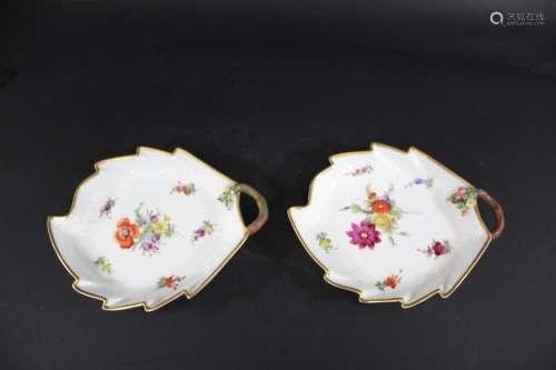ROYAL COPENHAGEN a pair of 19thc leaf shape dishes, painted ...
