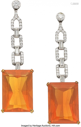 Fire Opal, Diamond, Platinum, Gold Earrings Sto