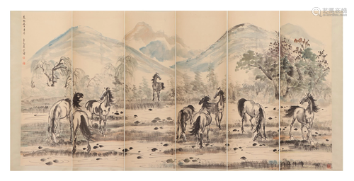 SIX CHINESE PAINTINGS DEPICTING HORSES AND LANDSCAPE