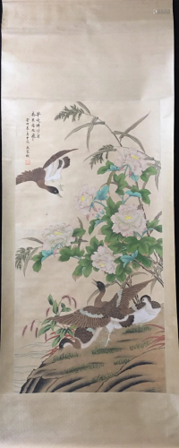 A Chinese Scroll Painting of Birds and Flowers