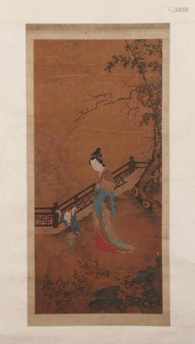 A CHINESE PAINTING DEPICTING LADY AND CHILD